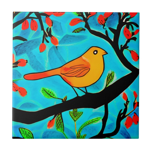 Liten orangefågel på en blommande gren kakelplatta (Framsidan)