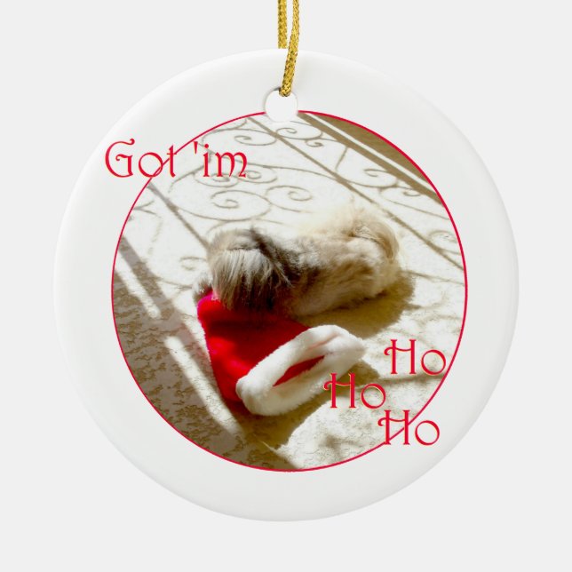 Liten Pekingese Griper Santa Julgransprydnad Keramik (Framsidan)