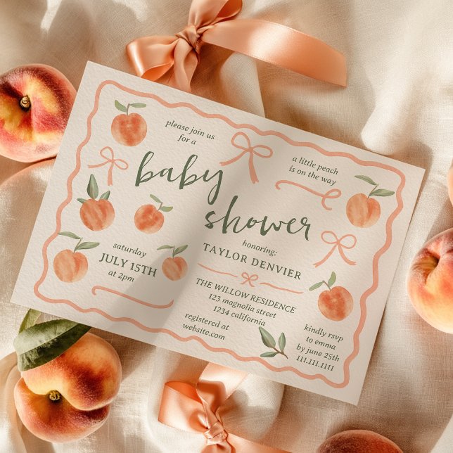 Liten persika Retro Handmålad Neutral Bebis-fest Inbjudningar (Little Peach Retro HandPainted Neutral Baby Shower Invitation)