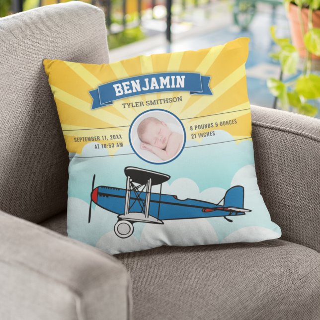 Liten pilot blå flygplansbaby foto födelse statist kudde (Skapare uppladdad)