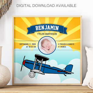 Liten pilot blå flygplansbaby fotobild födelsestat poster