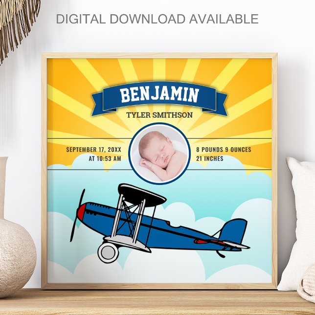 Liten pilot blå flygplansbaby fotobild födelsestat poster (Skapare uppladdad)