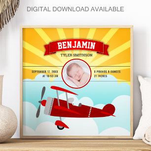 Liten pilot röd flygplansbaby foto födelse statist poster