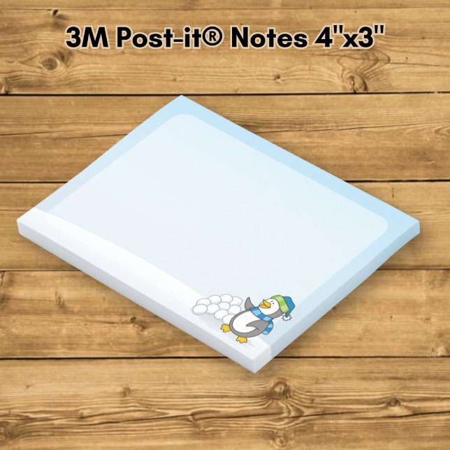 Liten pingvin med snöboll vinkande post-it block (Skapare uppladdad)