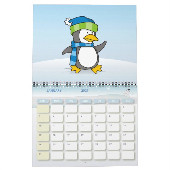 Liten pingvin som går på snö kalender (Jan 2027)