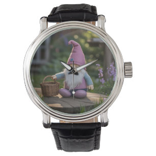 Liten plyschgnom med vävd korg sommar armbandsur