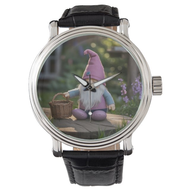 Liten plyschgnom med vävd korg sommar  armbandsur (Framsida)