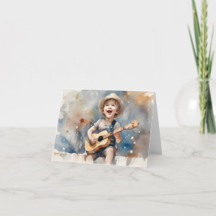 Liten pojke gitarr akvarell illustration Blank Kort