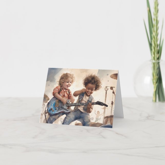 Liten pojke gitarr akvarell illustration tom  kort (Framsida)