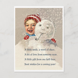 Liten pojke gömmer sig bakom snömannen, vintage se vykort