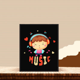 Liten pojke med musik fototryck