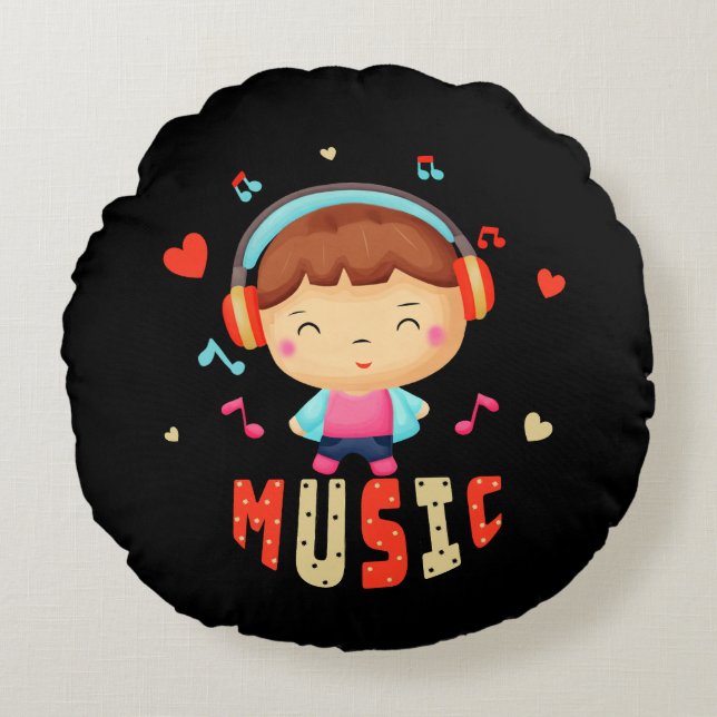 Liten pojke med musik rund kudde (Framsidan)