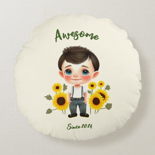 Liten pojke med solblommor rund kudde (Framsidan)