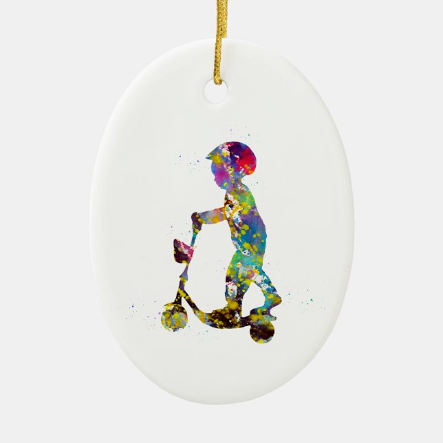 Liten pojke med sparkcykel julgransprydnad keramik (Framsidan)