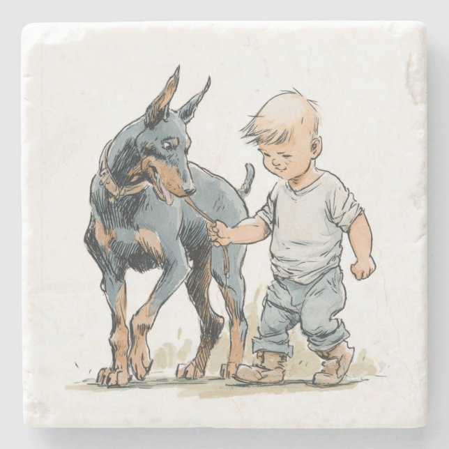 Liten pojke och Doberman bästa vänner coaster Stenunderlägg (Framsidan)