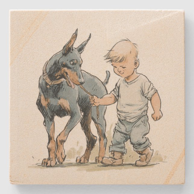 Liten pojke och Dobermann Bästa vänner Coaster Stenunderlägg (Framsidan)