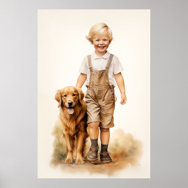 Liten pojke och golden retriever poster (Framsidan)
