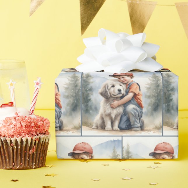 Liten pojke som kramar hund i akvarell presentpapper (Födelsedagsfest)