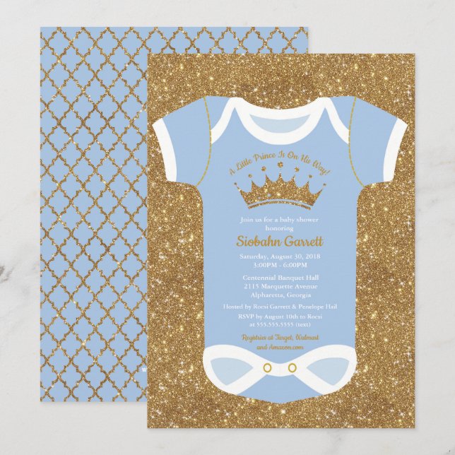 Liten prins Baby blue och Royal Guld Babyskor Inbjudningar (Fram/baksida)