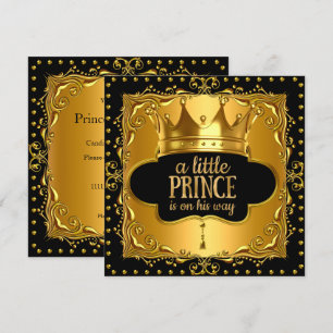 Liten prins baby shower guld folie krona svart inbjudningar