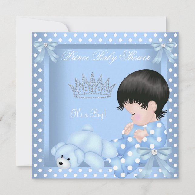 Liten prins baby shower pojke blå prickar 2 inbjudningar (Framsida)