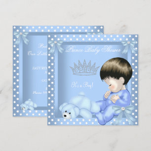 Liten prins baby shower pojke blå vit prickig inbjudningar