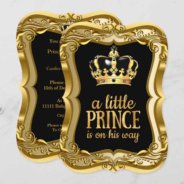 Liten prins baby shower svart falskt guld folie inbjudningar (Fram/baksida)