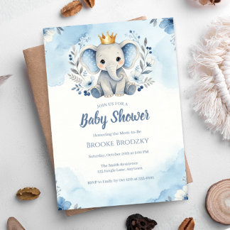 Liten prins blå blommig elefant baby shower inbjudningar