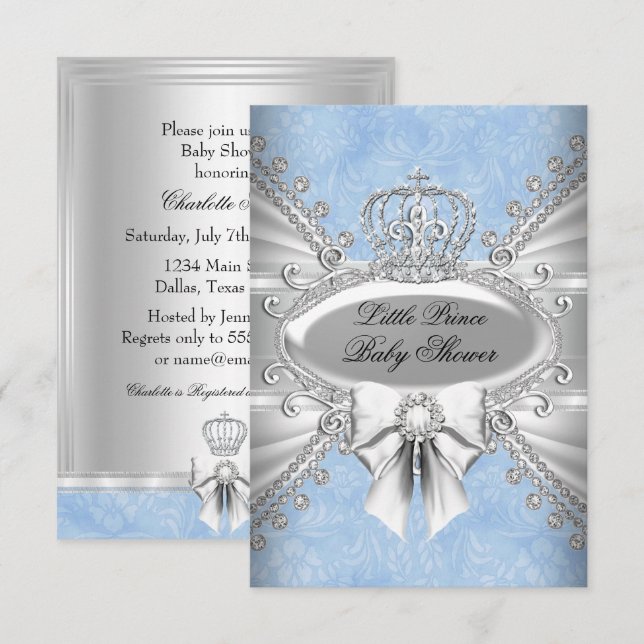 Liten prins diamantkrona baby shower inbjudan (Fram/baksida)