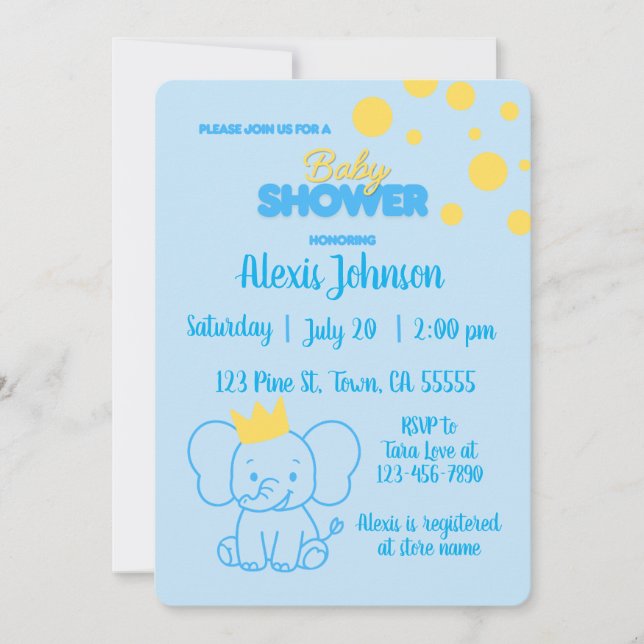 Liten prins elefant baby shower inbjudan (Framsida)
