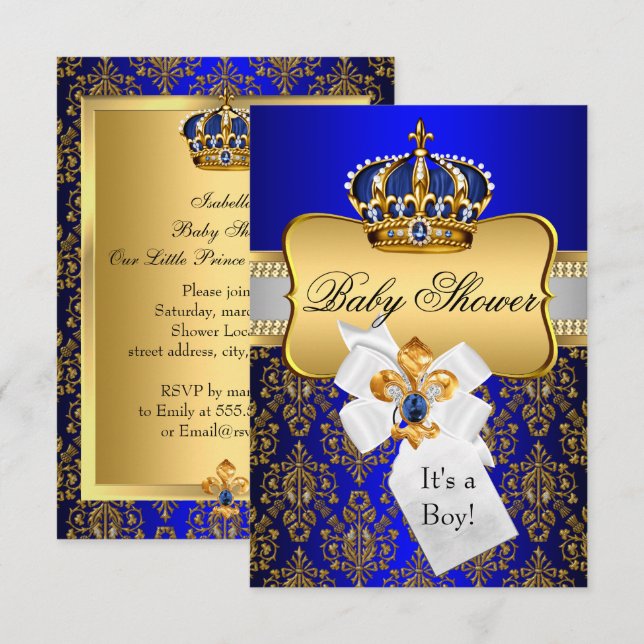 Liten prins guld blå krona baby shower inbjudan (Fram/baksida)