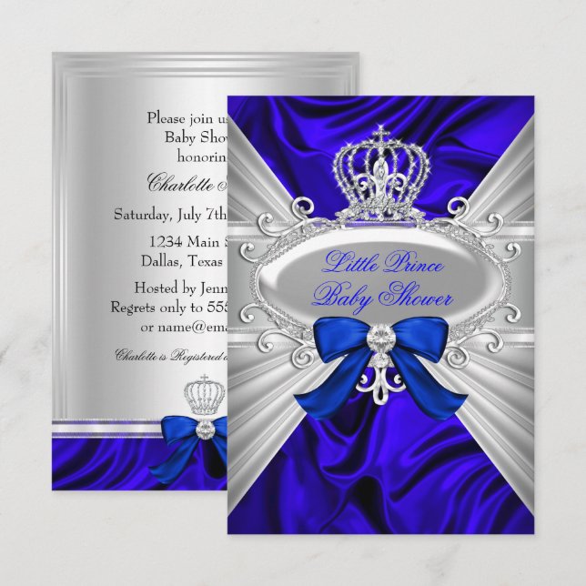 Liten prins Royal Blue Pojke Baby Shower Inbjudan (Fram/baksida)