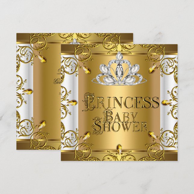Liten prinsessa baby shower flicka guld vit inbjudningar (Fram/baksida)