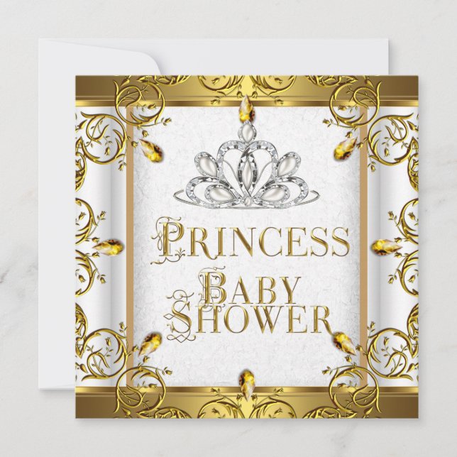 Liten prinsessa baby shower flicka guld vit tiara inbjudningar (Framsida)