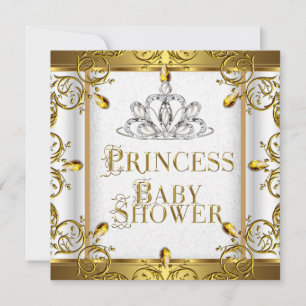 Liten prinsessa baby shower flicka guld vit tiara inbjudningar