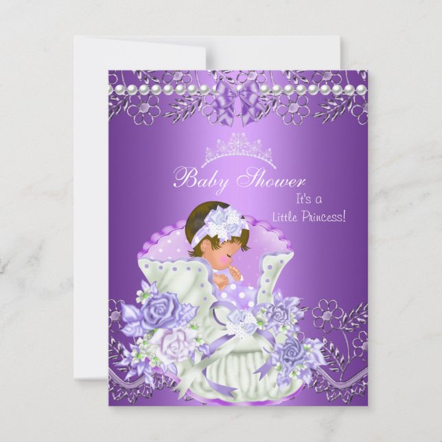 Liten prinsessa baby shower flicka lila krona 3 inbjudningar (Framsida)