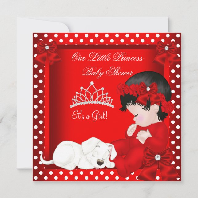 Liten prinsessa baby shower flicka röd vit inbjudningar (Framsida)