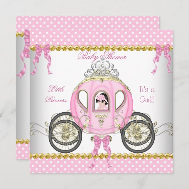 Liten prinsessa baby shower flicka rosa vagn inbjudningar (Fram/baksida)