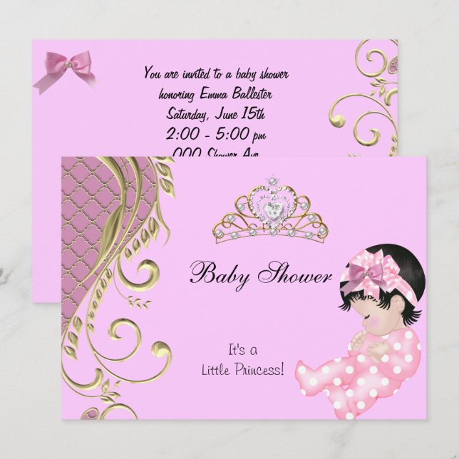Liten prinsessa baby shower flicka rosa vit guld 3 inbjudningar (Fram/baksida)