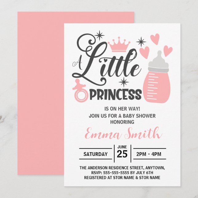 Liten prinsessa baby shower inbjudan (Fram/baksida)