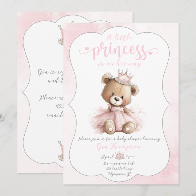 Liten prinsessa baby shower inbjudan med teddybjör (Fram/baksida)