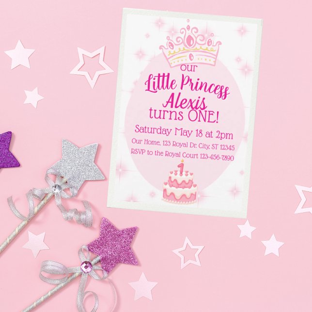 Liten prinsessa ettårsdag, rosa krona  inbjudningar (Skapare uppladdad)