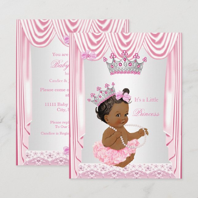 Liten prinsessa flicka bebis shower rosa etnisk inbjudningar (Fram/baksida)