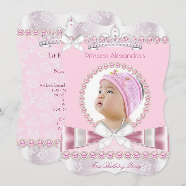 Liten prinsessa flicka första 1:a födelsedagsfest inbjudningar (Fram/baksida)