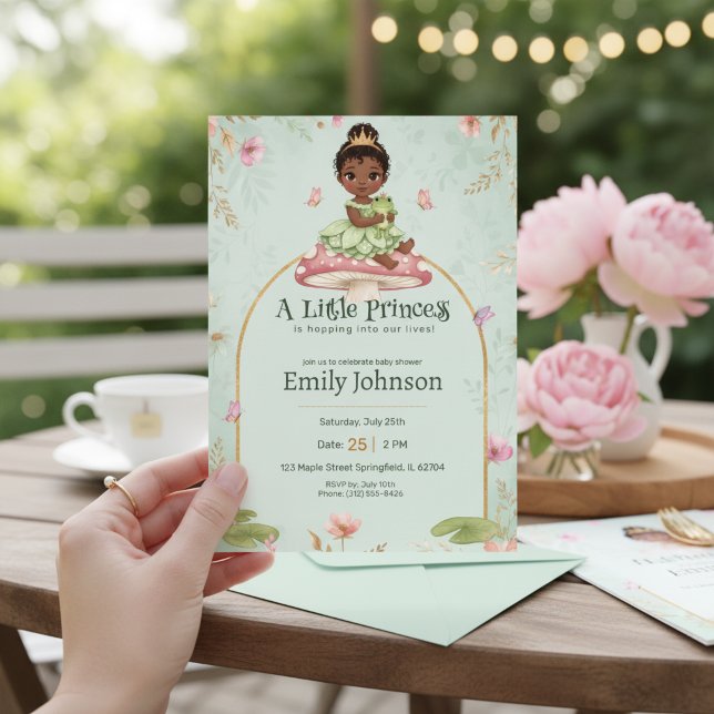 Liten prinsessa groda baby shower inbjudan (Adorable princess and frog garden baby theme)