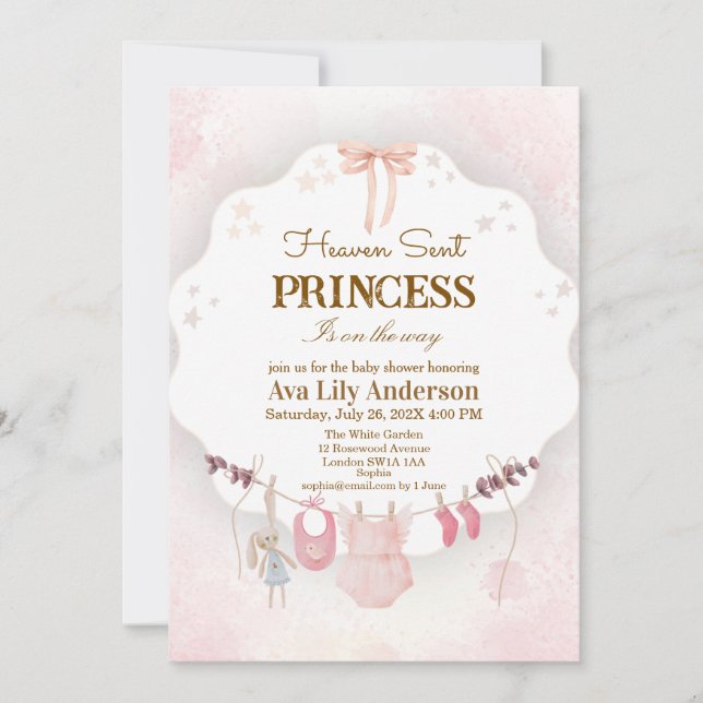 Liten prinsessa himmelskickad rosa babykläderlinje inbjudningar (Framsida)