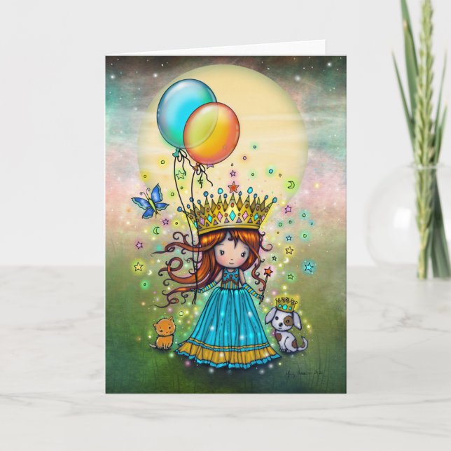 Liten prinsessa med ballonger Whimsical konst Kort (Framsida)