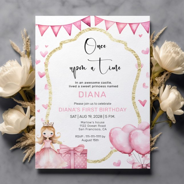 Liten prinsessa Pink 1-årsdag Inbjudningar (Skapare uppladdad)