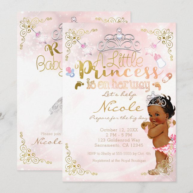 Liten prinsessa rosa etnisk mörk babyflicka shower inbjudningar (Fram/baksida)
