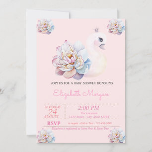 Liten prinsessa, Svan, Rosa blommor Baby Shower Inbjudningar